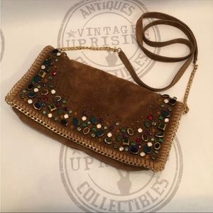 MARY FRANCES Rambling Stones Embellished Suede Cross-body Handbag